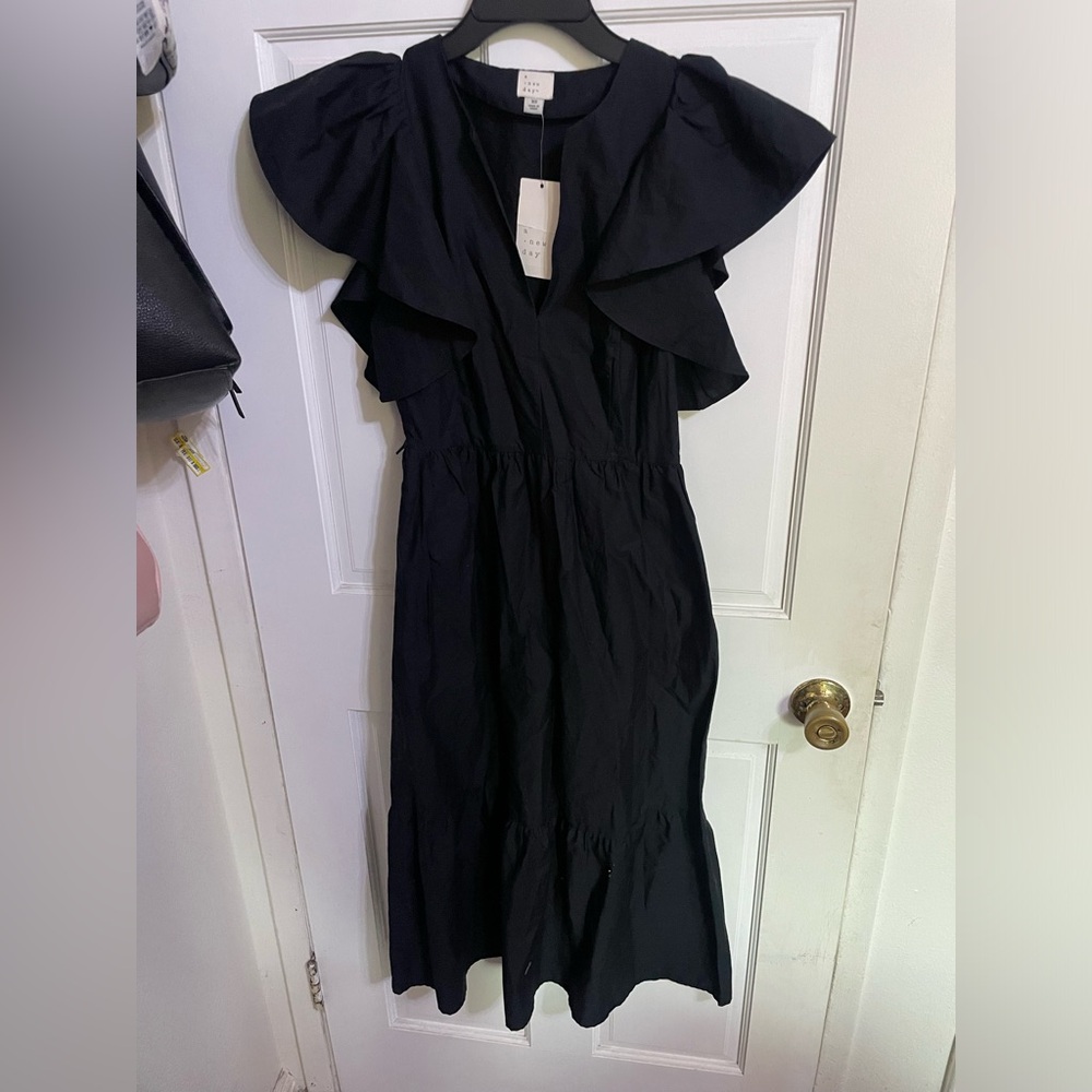 NWT! Women's Flutter Short Sleeve Poplin Tiered Midi Dress - A New Day Black XS - Picture 3 of 6